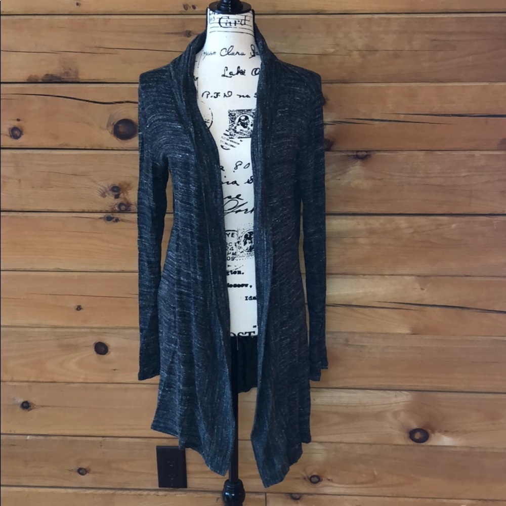 grey and white cardigan